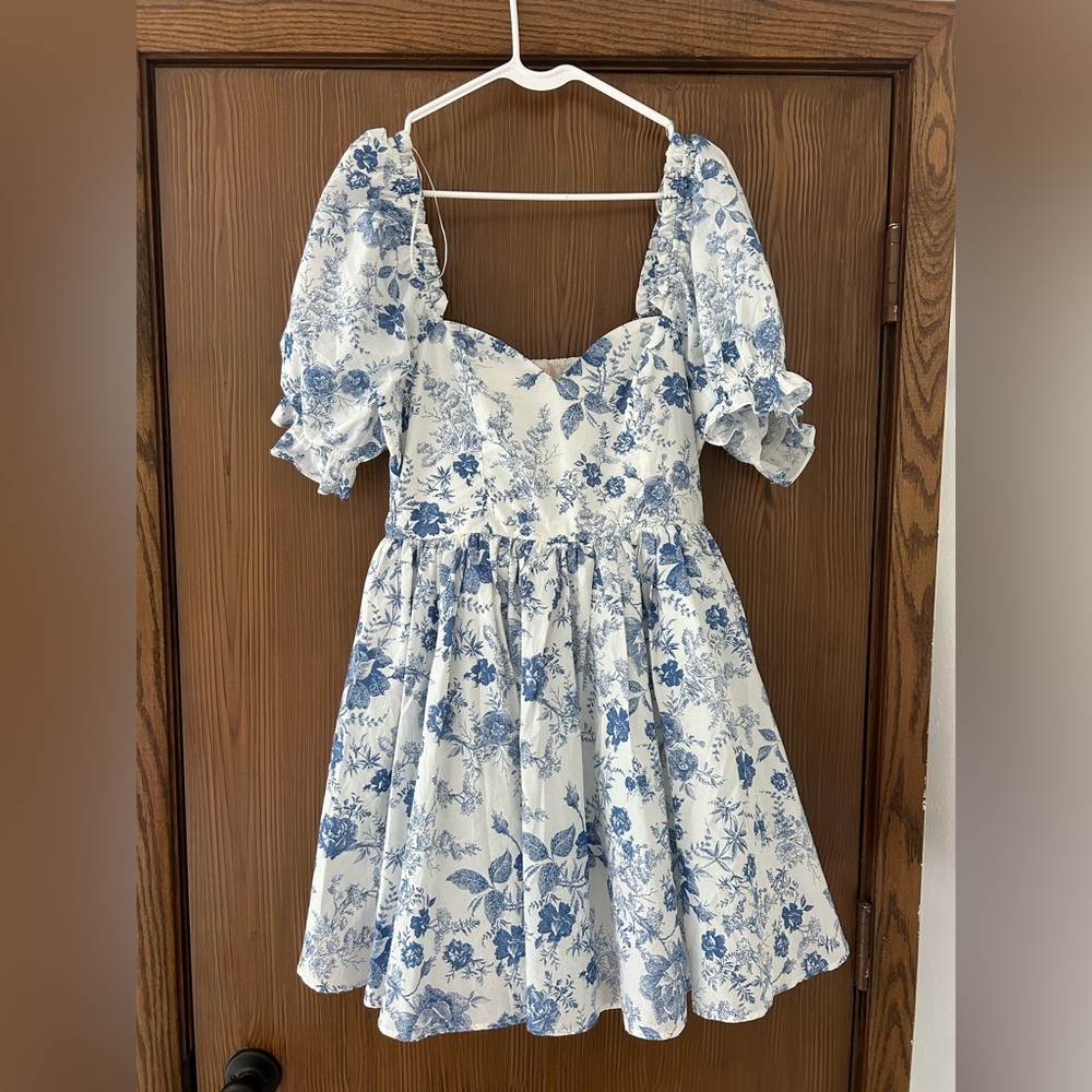 Blue and White Floral Puff Sleeve Mini Dress